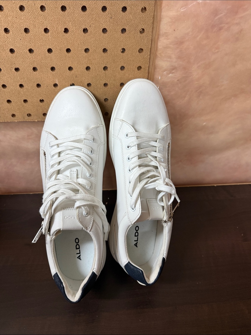 ALDO White Leather Sneakers with Navy Heel Trim